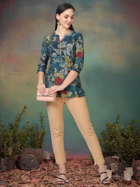 Sky Bloom – Floral Printed Short Blue Cotton Kurti (1NH-6-A2)