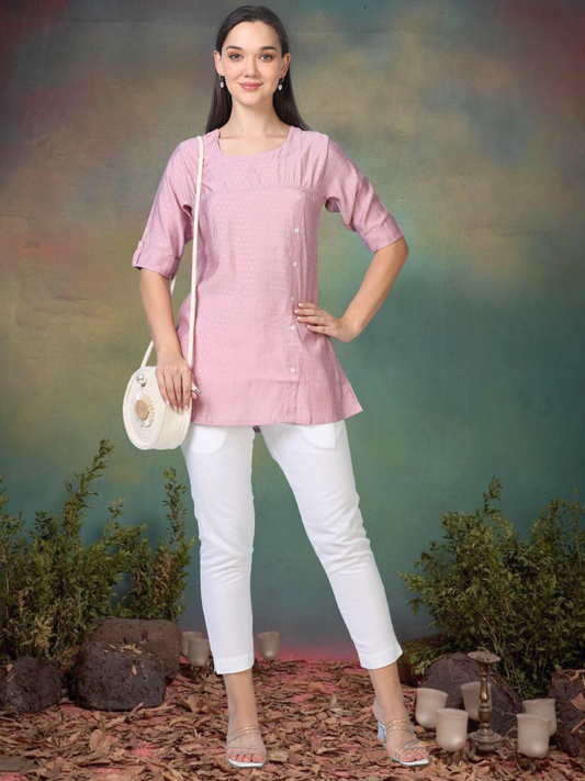 Blush Bloom – Self-Jacquard Pink Short Kurti (1NH-2-A18)