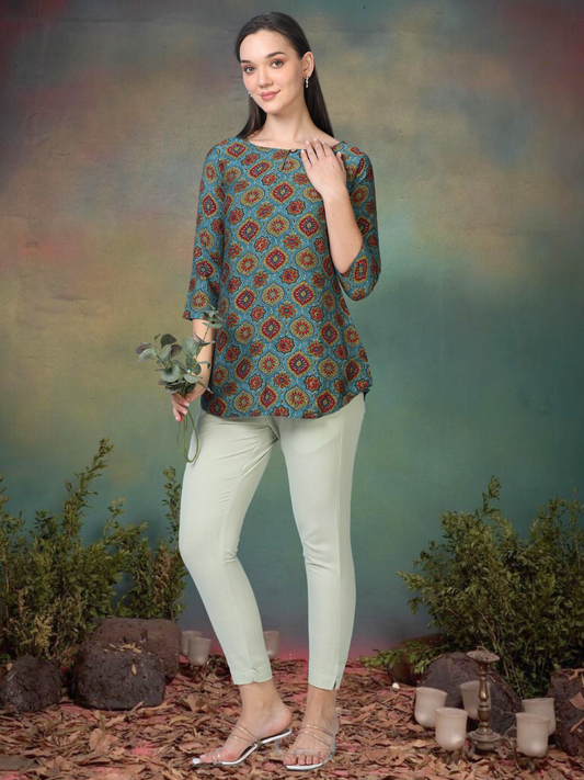 Skyline Charm – Printed Short Blue Cotton Kurti (1NH-6-A16)
