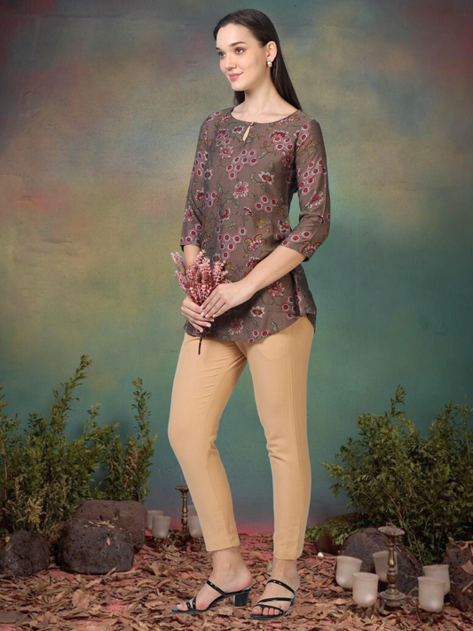 Earthy Muse – Printed Short Brown Cotton Kurti (1NH-1-A17)