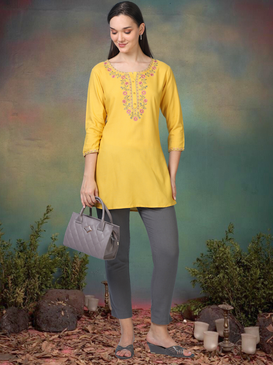 Yellow Sunny Bloom – Embroidered Short Cotton Kurti (2PS-4-A1)
