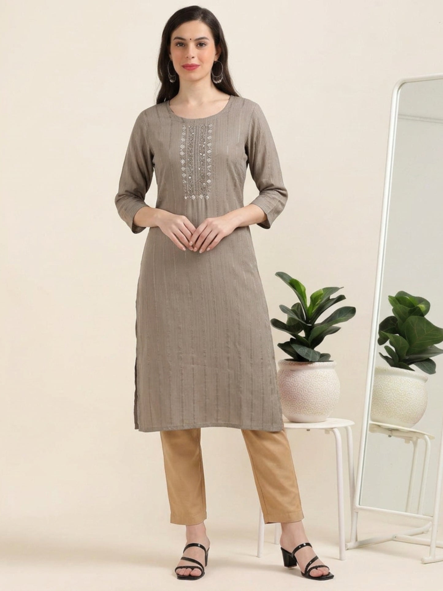 Cocoa Calm – Brown Cutdana Cotton-Blend Kurti (1KB-5-A13)