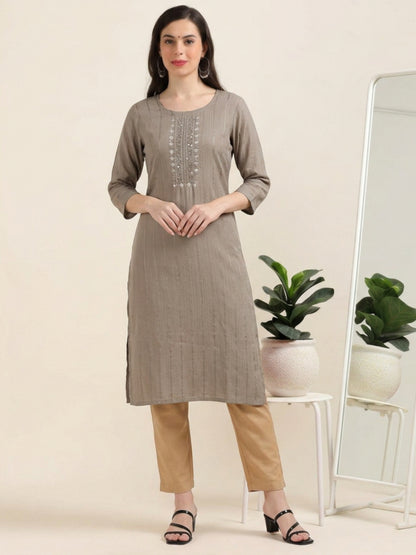 Cocoa Calm – Brown Cutdana Cotton-Blend Kurti (1KB-5-A13)