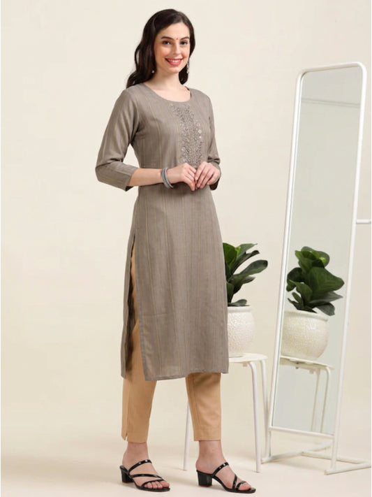 Cocoa Calm – Brown Cutdana Cotton-Blend Kurti (1KB-5-A13)