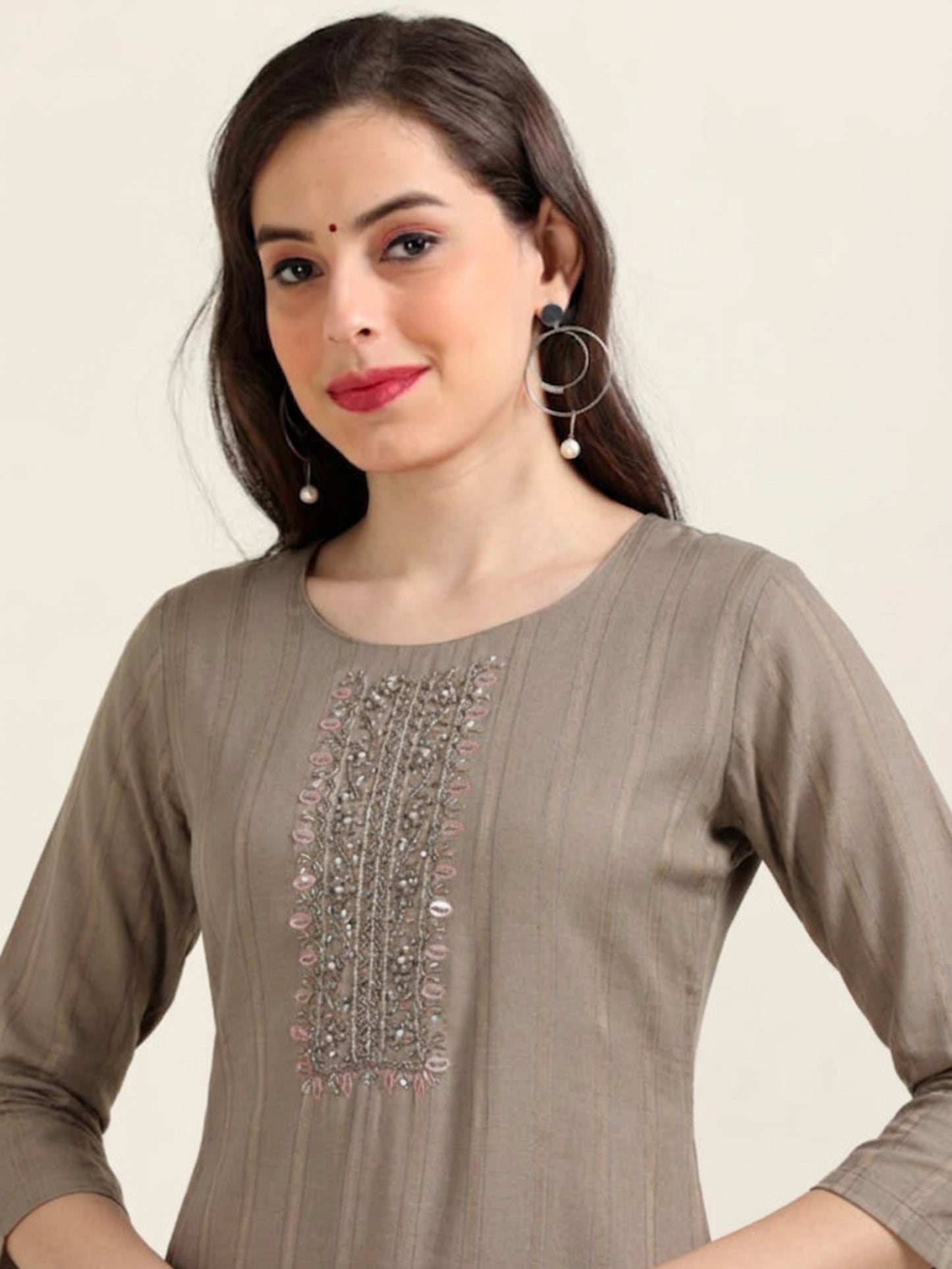 Cocoa Calm – Brown Cutdana Cotton-Blend Kurti (1KB-5-A13)