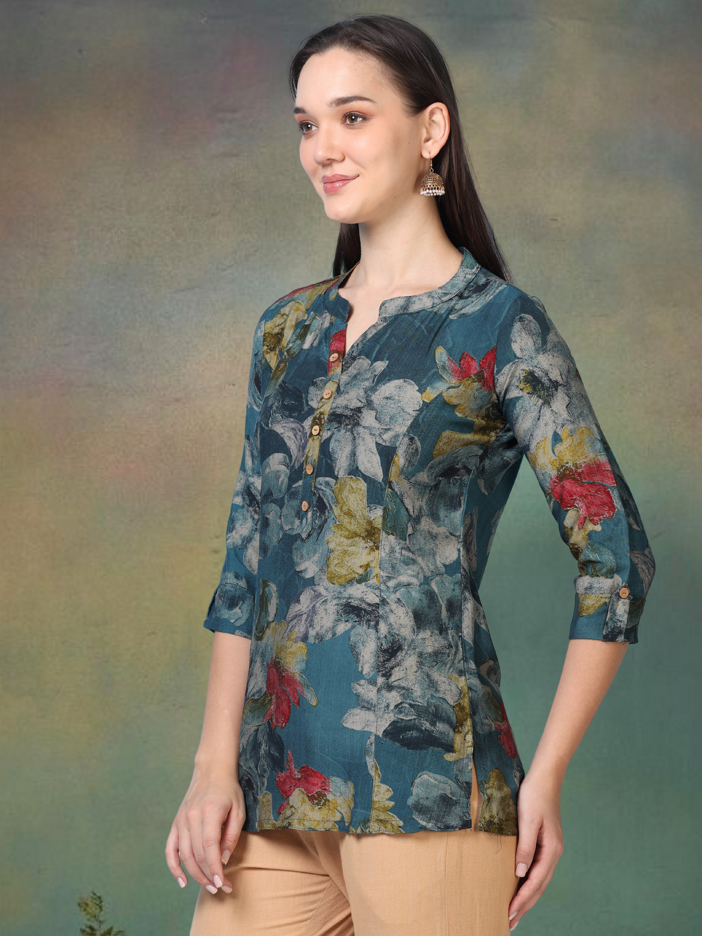 Sky Bloom – Floral Printed Short Blue Cotton Kurti (1NH-6-A2)