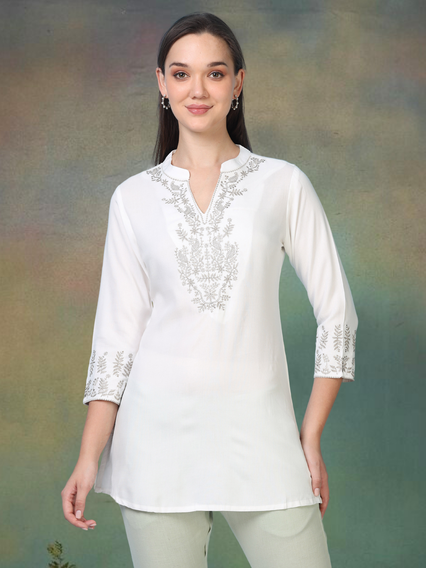 White Silver Charm – Embroidered Short Cotton Kurti (2PS-9-A6)