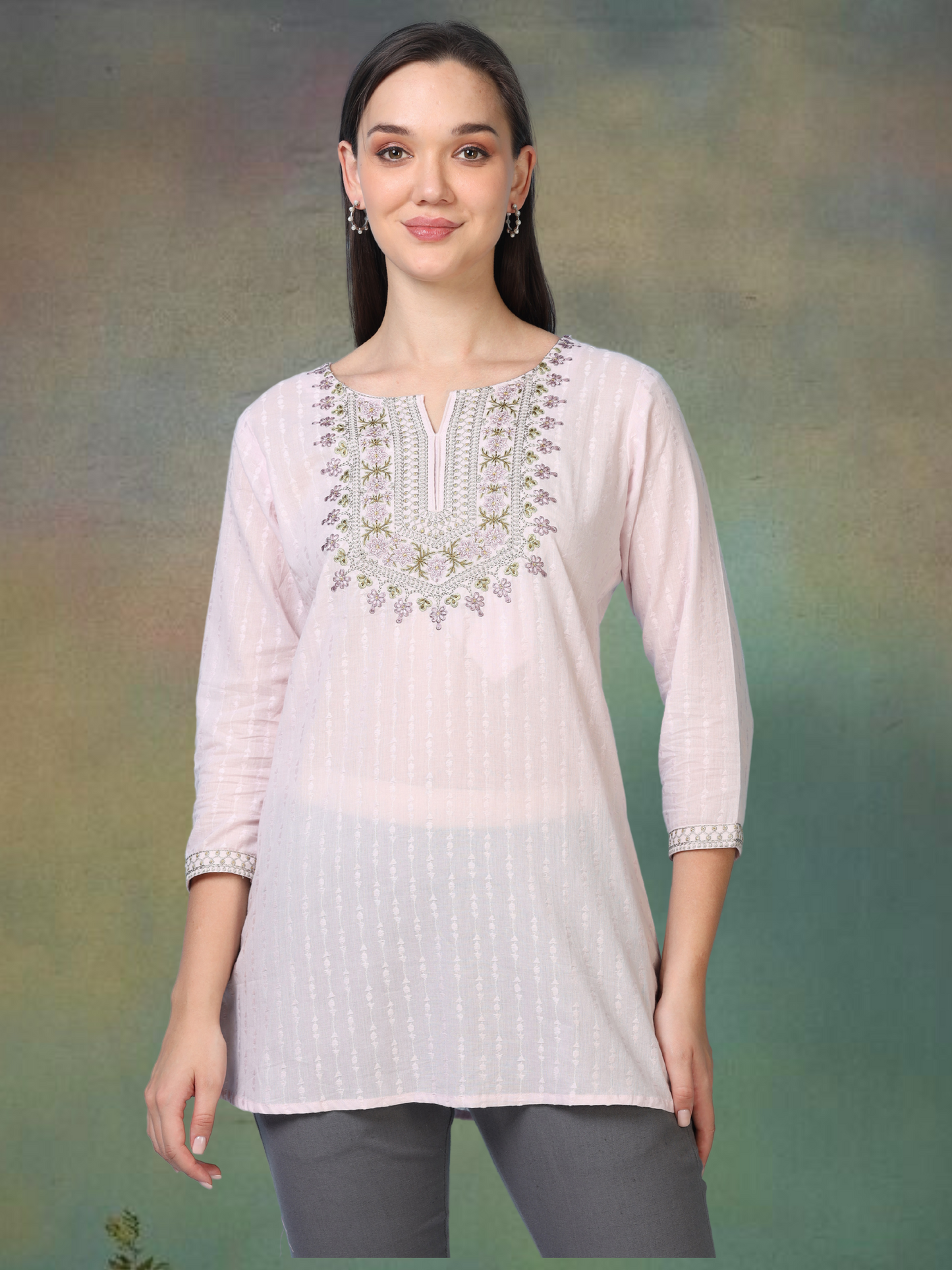 Pink Blossom Chic – Embroidered Short Cotton Kurti (2PS-7-A3)