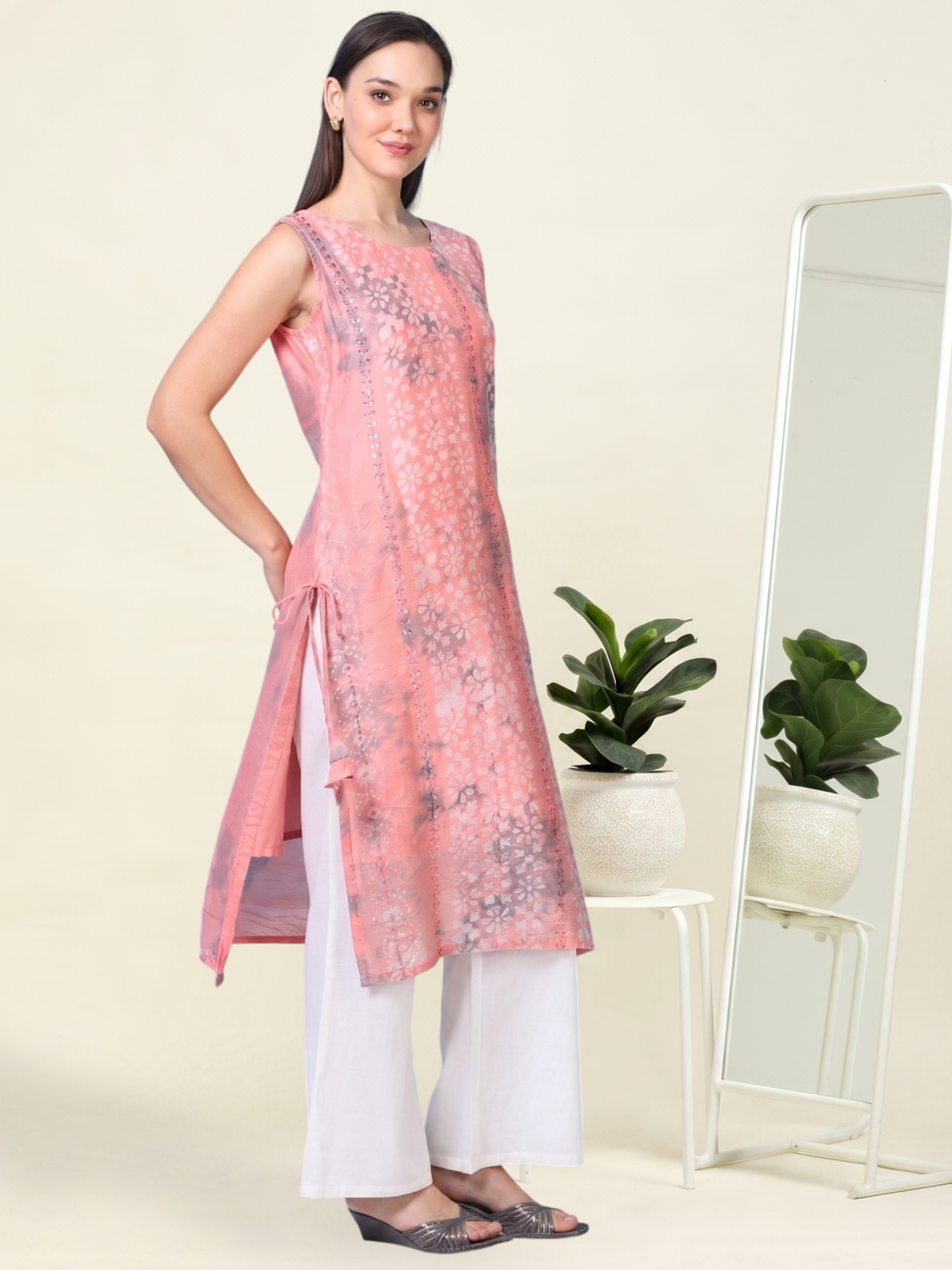 Pink Power Drip – Sleeveless Shibori Silk-Blend Kurti (1JD-2-A3b)