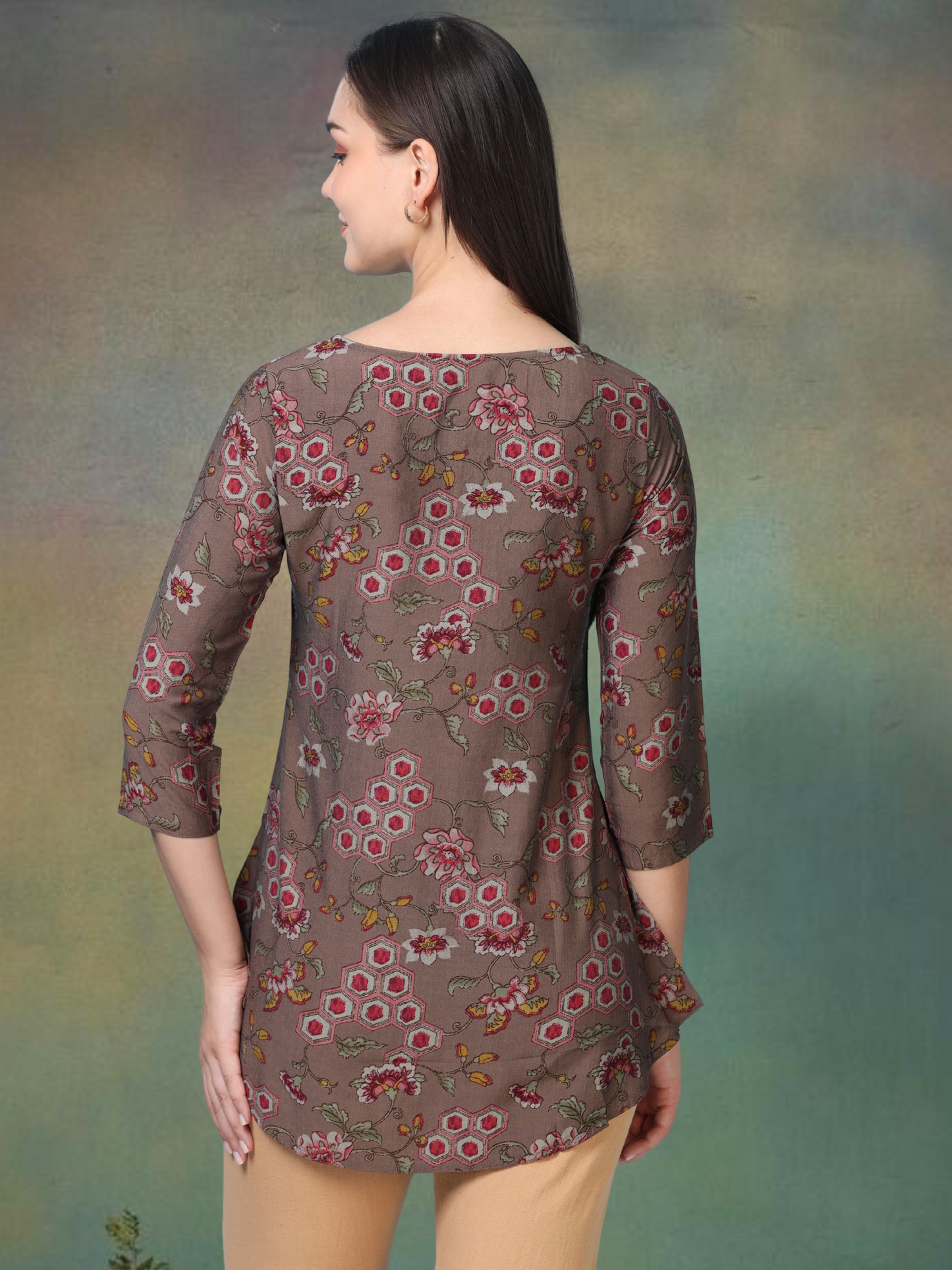 Earthy Muse – Printed Short Brown Cotton Kurti (1NH-1-A17)