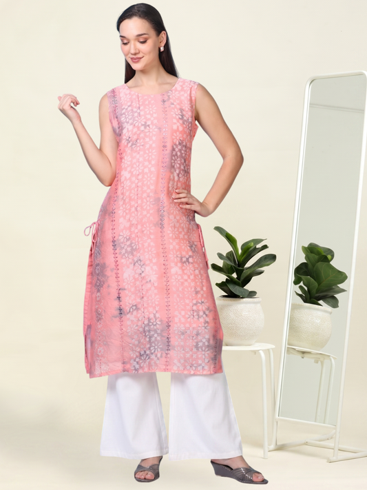 Pink Power Drip – Sleeveless Shibori Silk-Blend Kurti (1JD-2-A3b)