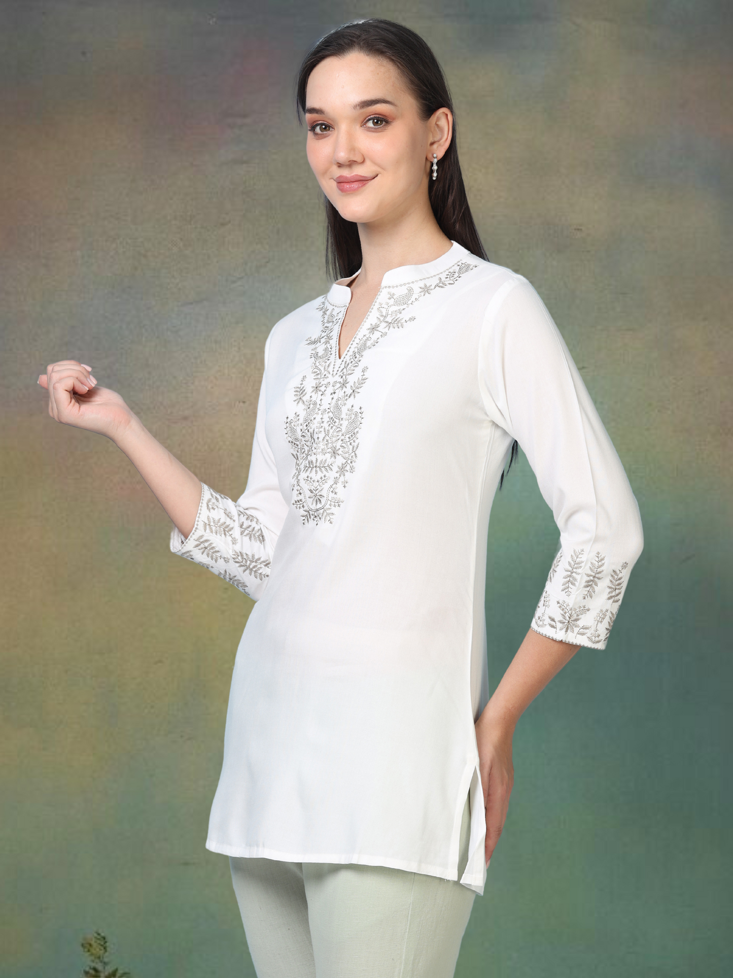 White Silver Charm – Embroidered Short Cotton Kurti (2PS-9-A6)