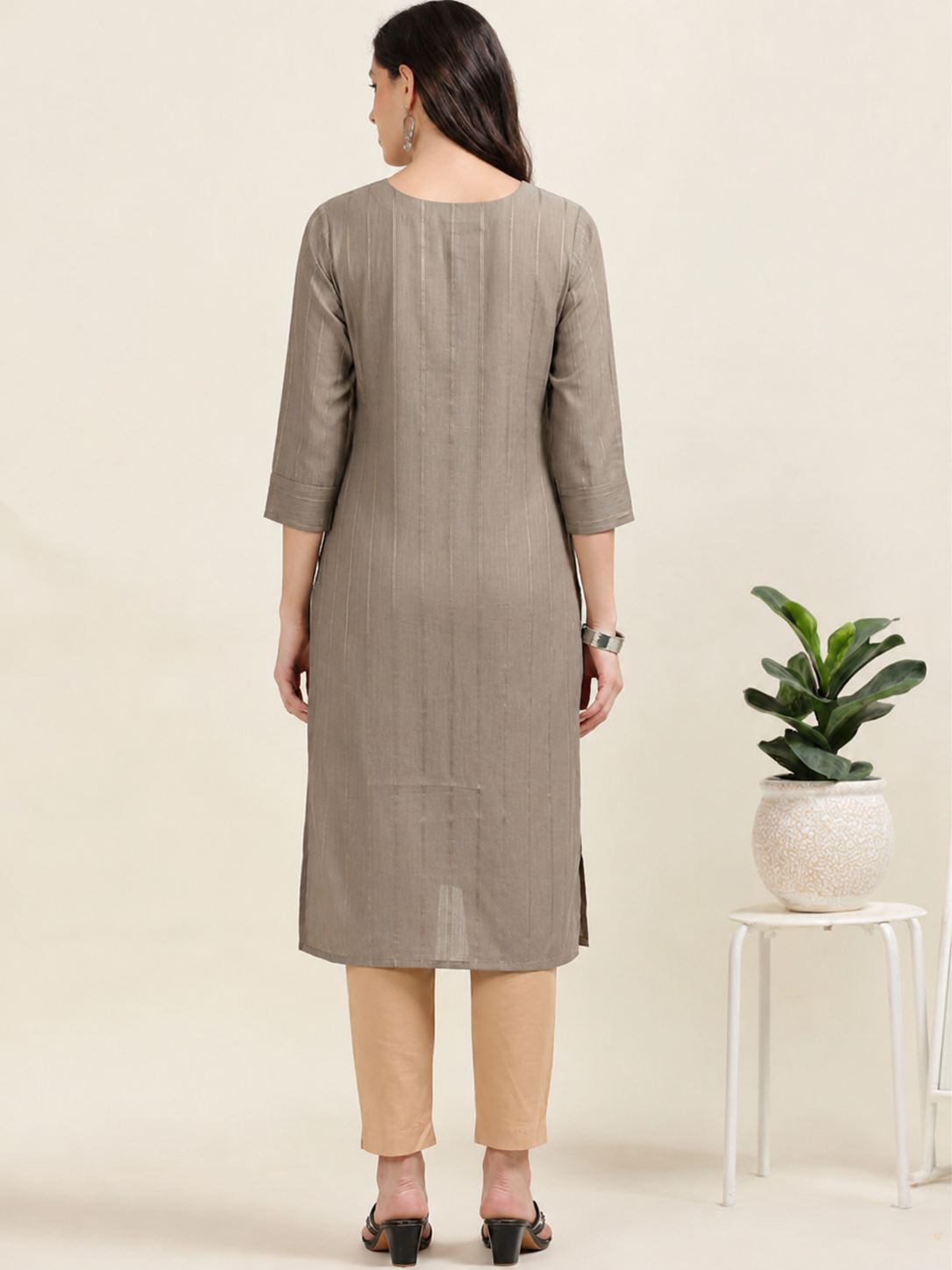 Cocoa Calm – Brown Cutdana Cotton-Blend Kurti (1KB-5-A13)