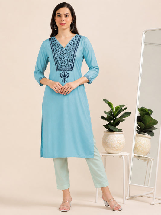 Blue Hush Glimmer – Embroidered Cotton-Tissue Kurti (1JD-6-A13)