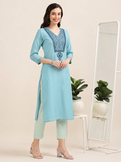 Blue Hush Glimmer – Embroidered Cotton-Tissue Kurti (1JD-6-A13)
