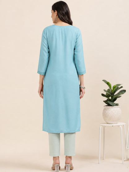 Blue Hush Glimmer – Embroidered Cotton-Tissue Kurti (1JD-6-A13)