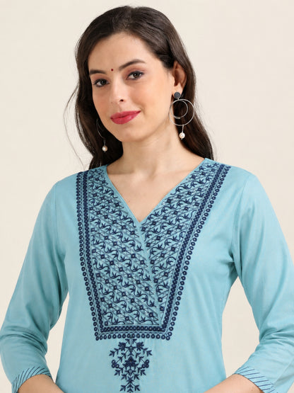 Blue Hush Glimmer – Embroidered Cotton-Tissue Kurti (1JD-6-A13)