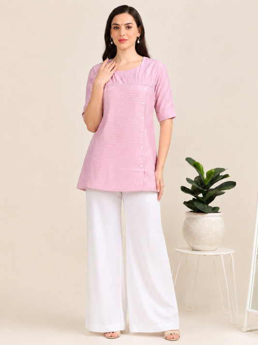 Blush Bloom – Self-Jacquard Pink Short Kurti (1NH-2-A18)