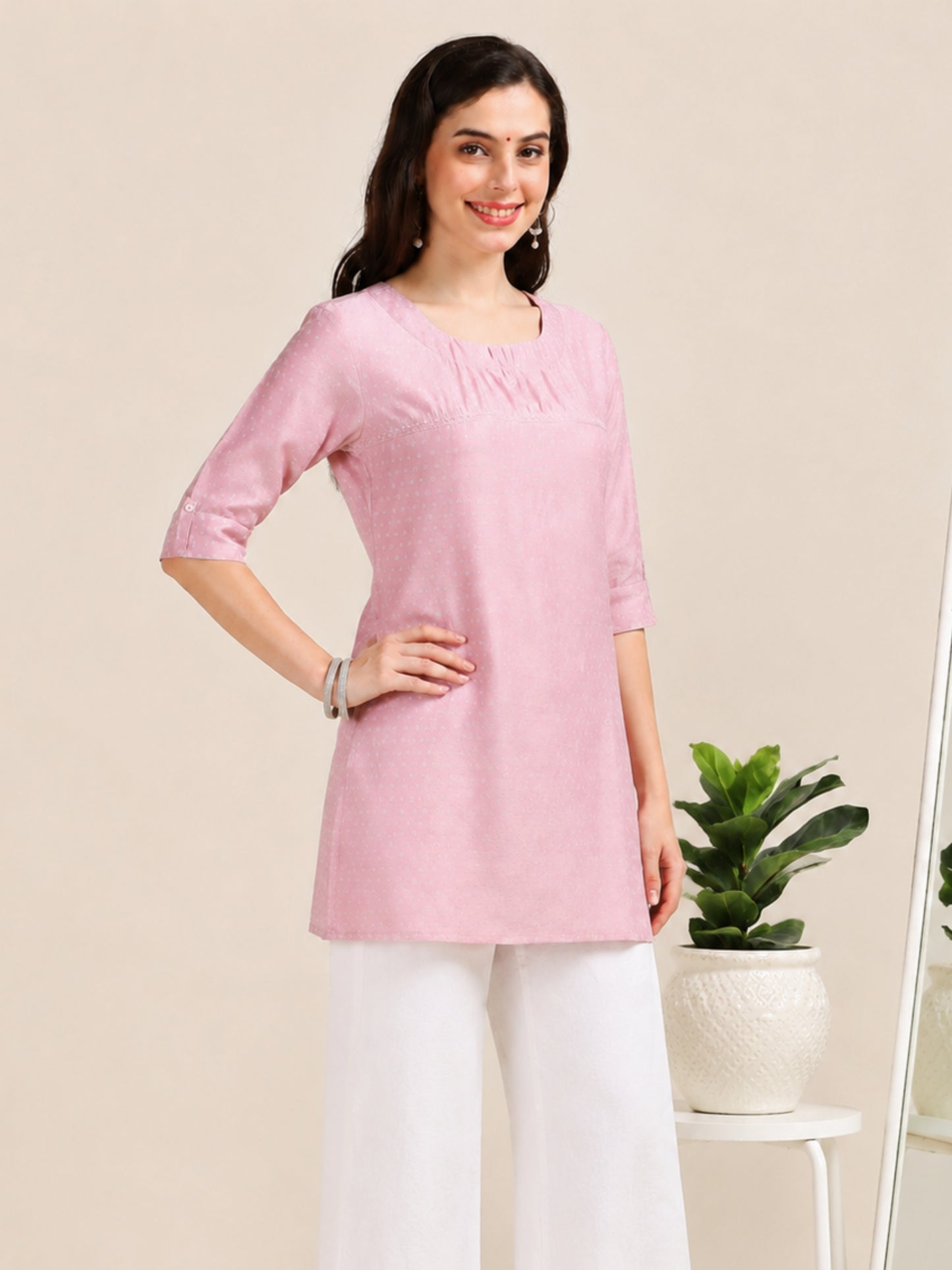 Blush Bloom – Self-Jacquard Pink Short Kurti (1NH-2-A18)