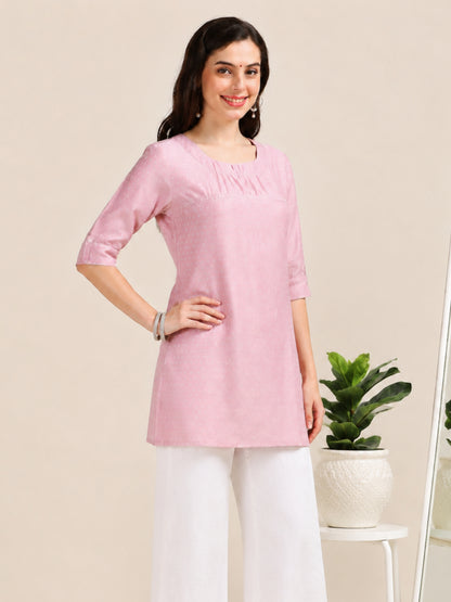 Blush Bloom – Self-Jacquard Pink Short Kurti (1NH-2-A18)