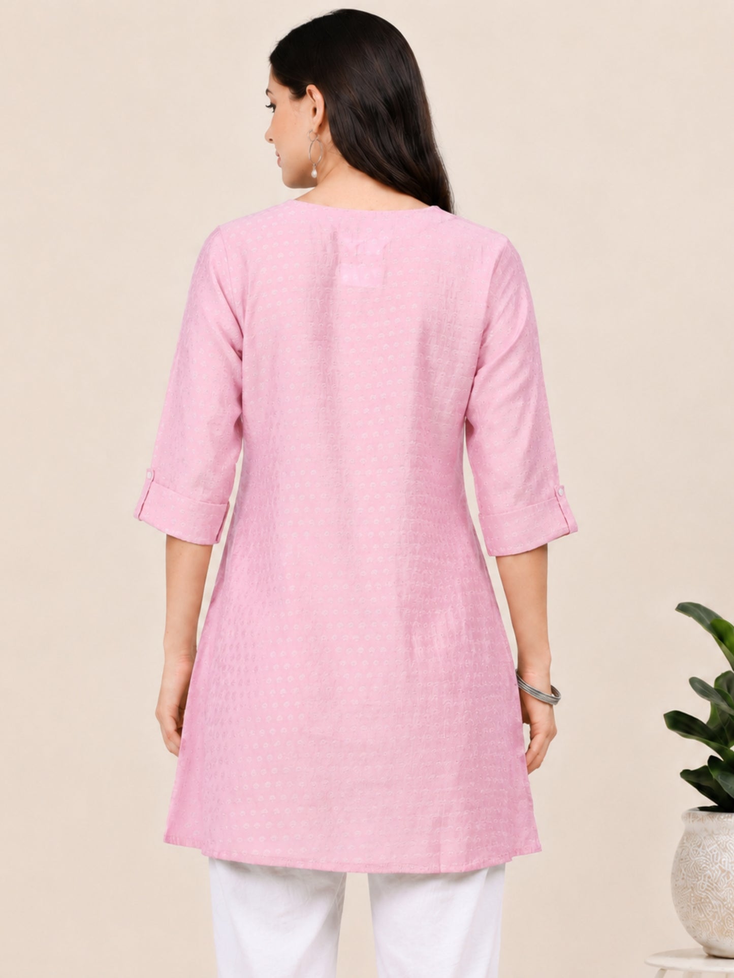 Blush Bloom – Self-Jacquard Pink Short Kurti (1NH-2-A18)