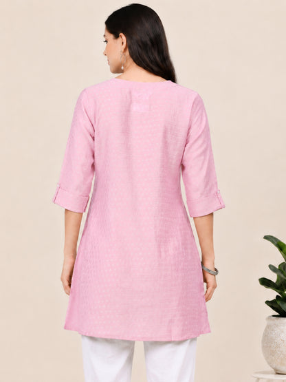 Blush Bloom – Self-Jacquard Pink Short Kurti (1NH-2-A18)