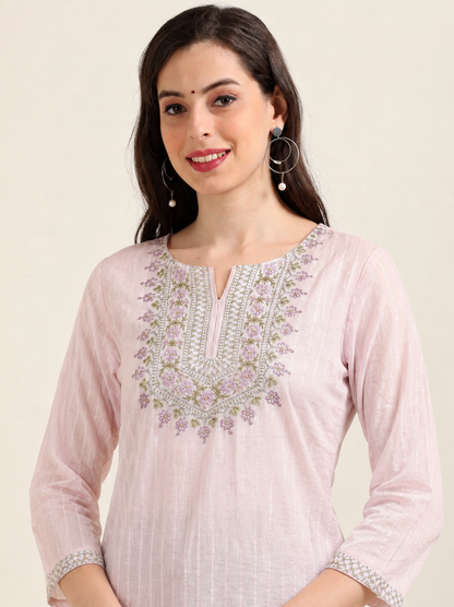Pink Blossom Chic – Embroidered Short Cotton Kurti (2PS-7-A3)