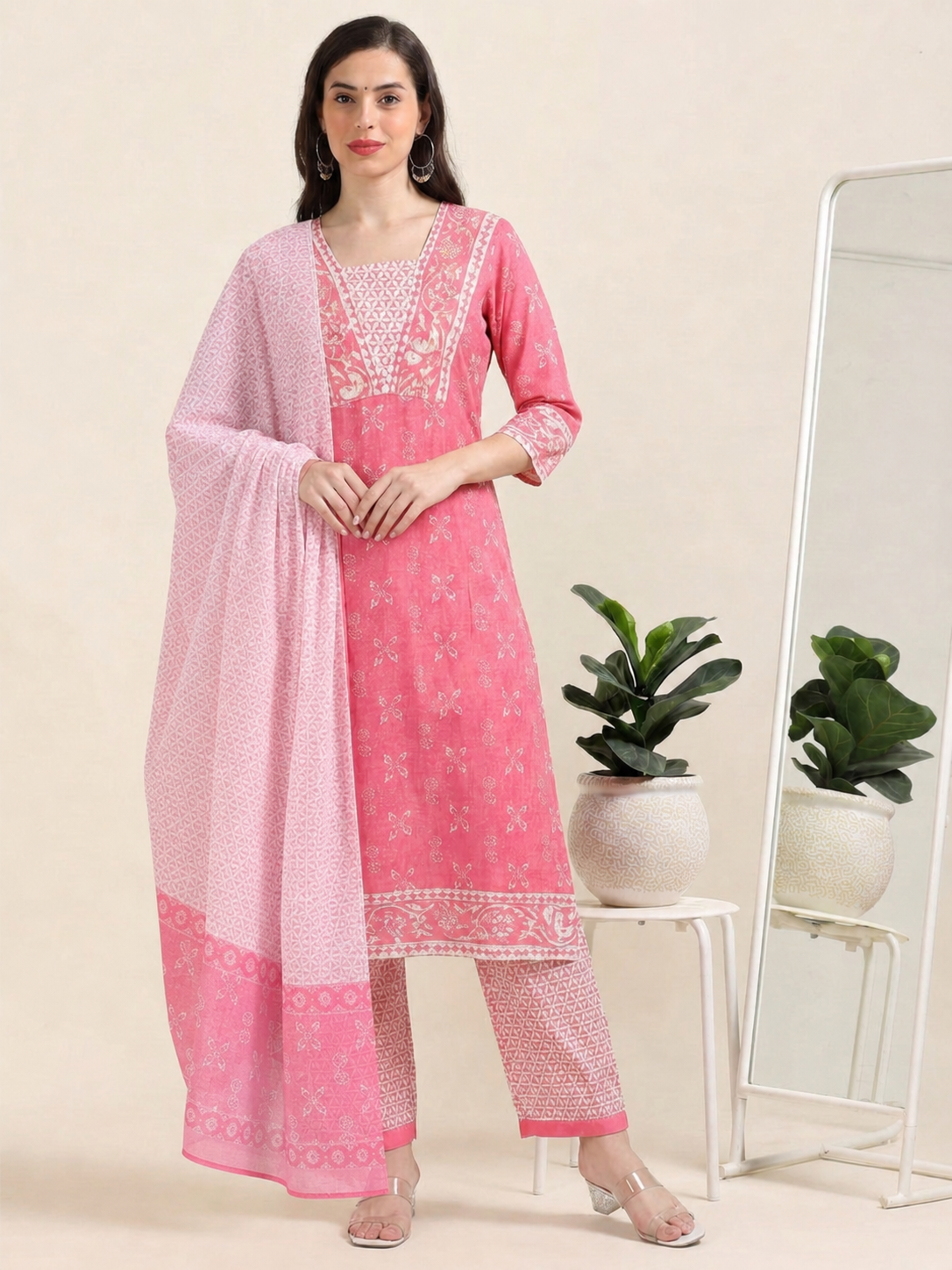 Blush Bloom – Pink Printed Cotton 3-Piece Set (2DF-2-C10)