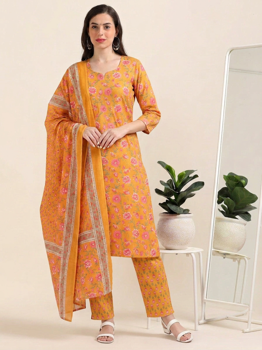 Golden Glow – Mustard Printed Cotton 3-Piece Set (2DF-4-C4)
