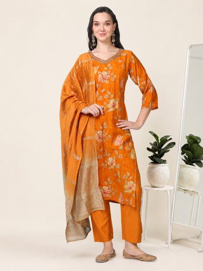 Golden Hour – Mustard Printed Viscose-Cotton 3-Piece Set (1KI-4-C2)