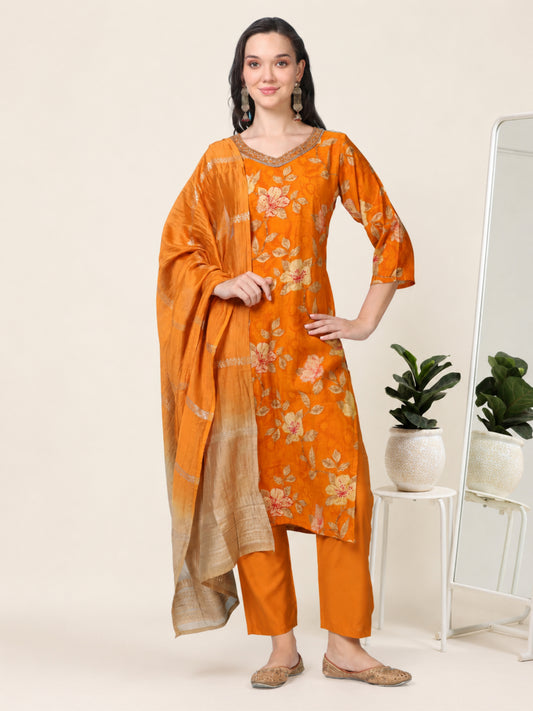 Golden Hour – Mustard Printed Viscose-Cotton 3-Piece Set (1KI-4-C2)