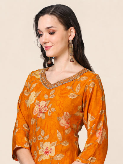 Golden Hour – Mustard Printed Viscose-Cotton 3-Piece Set (1KI-4-C2)