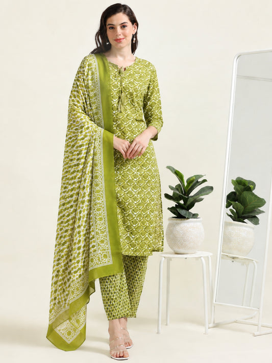 Green Sequined Glow – Cotton Straight Kurti 3-piece Set  (2TP-5-C11)
