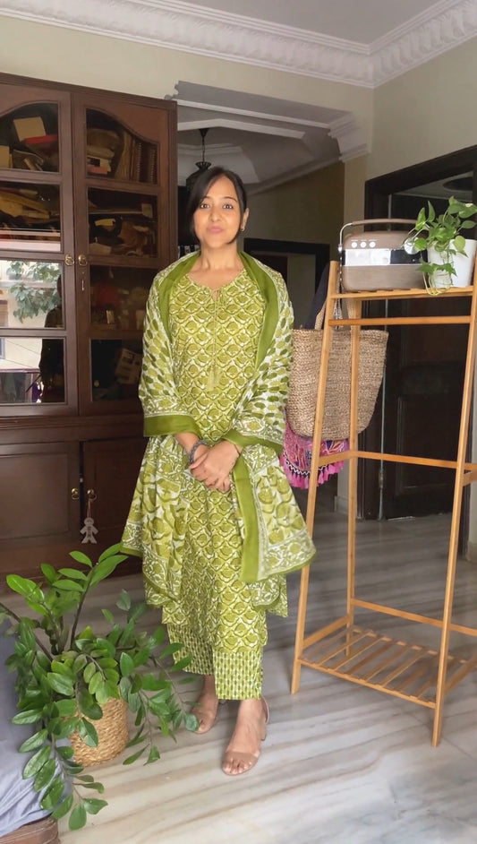 Green Sequined Glow – Cotton Straight Kurti 3-piece Set  (2TP-5-C11)