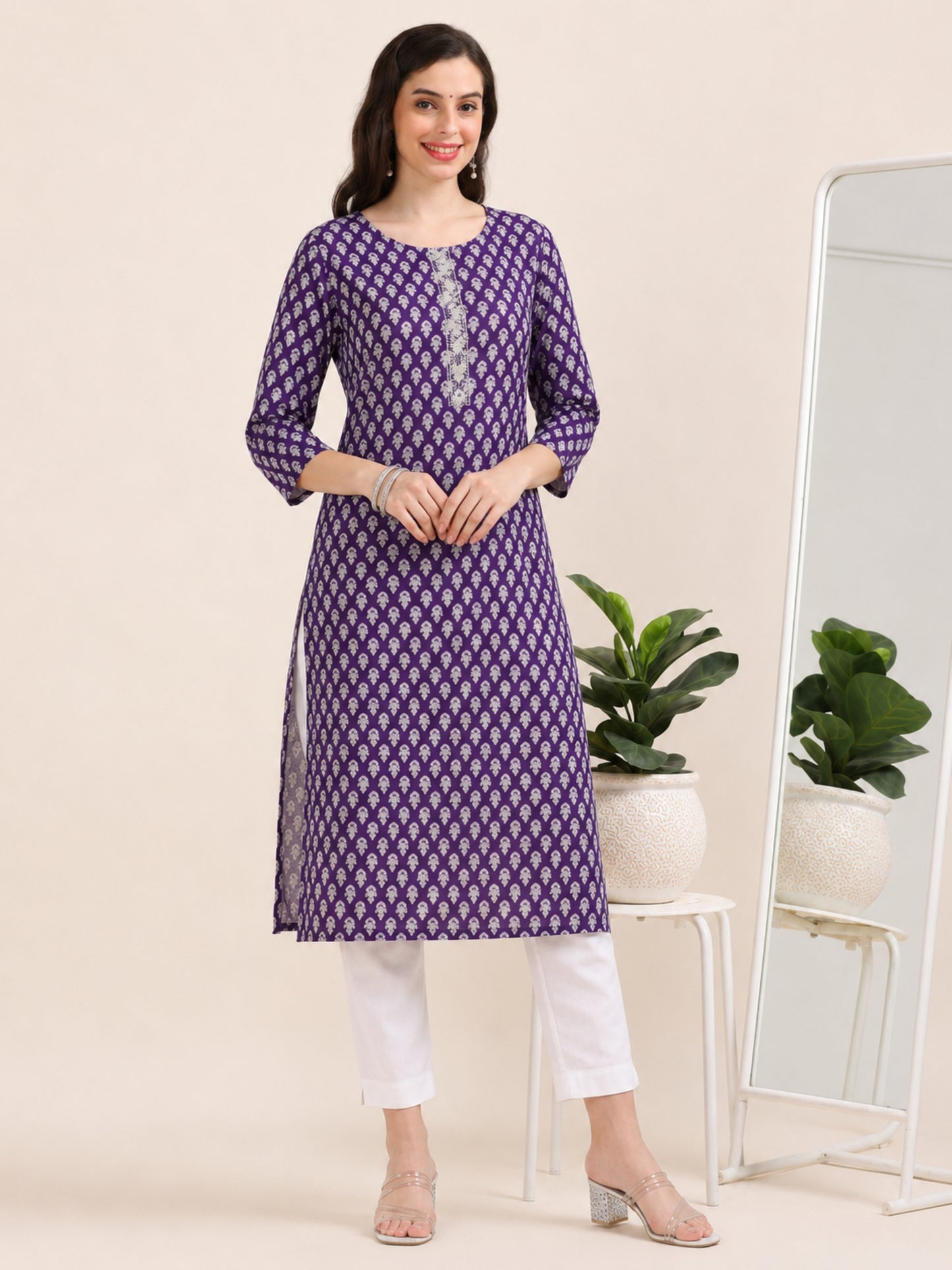 Lilac Luxe – Purple Cotton-Blend Embroidered Kurti (2AA-7-A8)