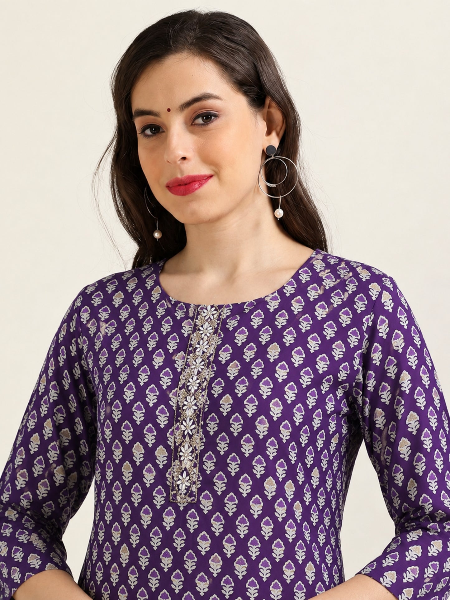 Lilac Luxe – Purple Cotton-Blend Embroidered Kurti (2AA-7-A8)