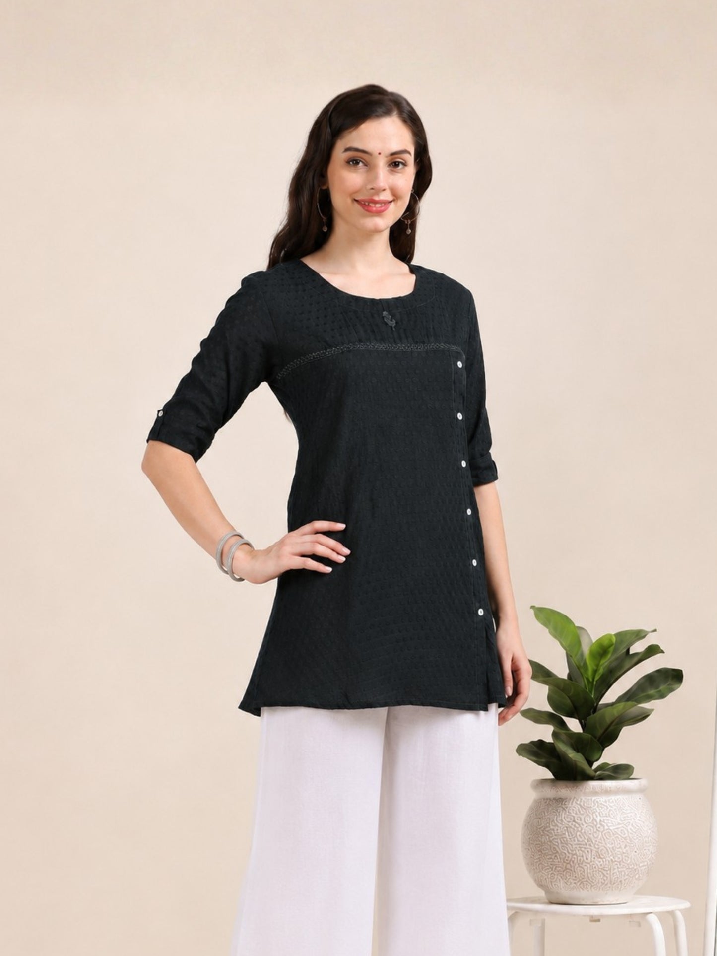 Midnight Muse – Self-Jacquard Black Short Kurti (1NH-0-A19)