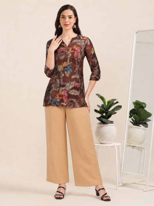 Mocha Bloom – Floral Printed Short Brown Cotton Kurti (1NH-1-A1)