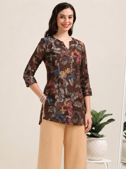 Mocha Bloom – Floral Printed Short Brown Cotton Kurti (1NH-1-A1)
