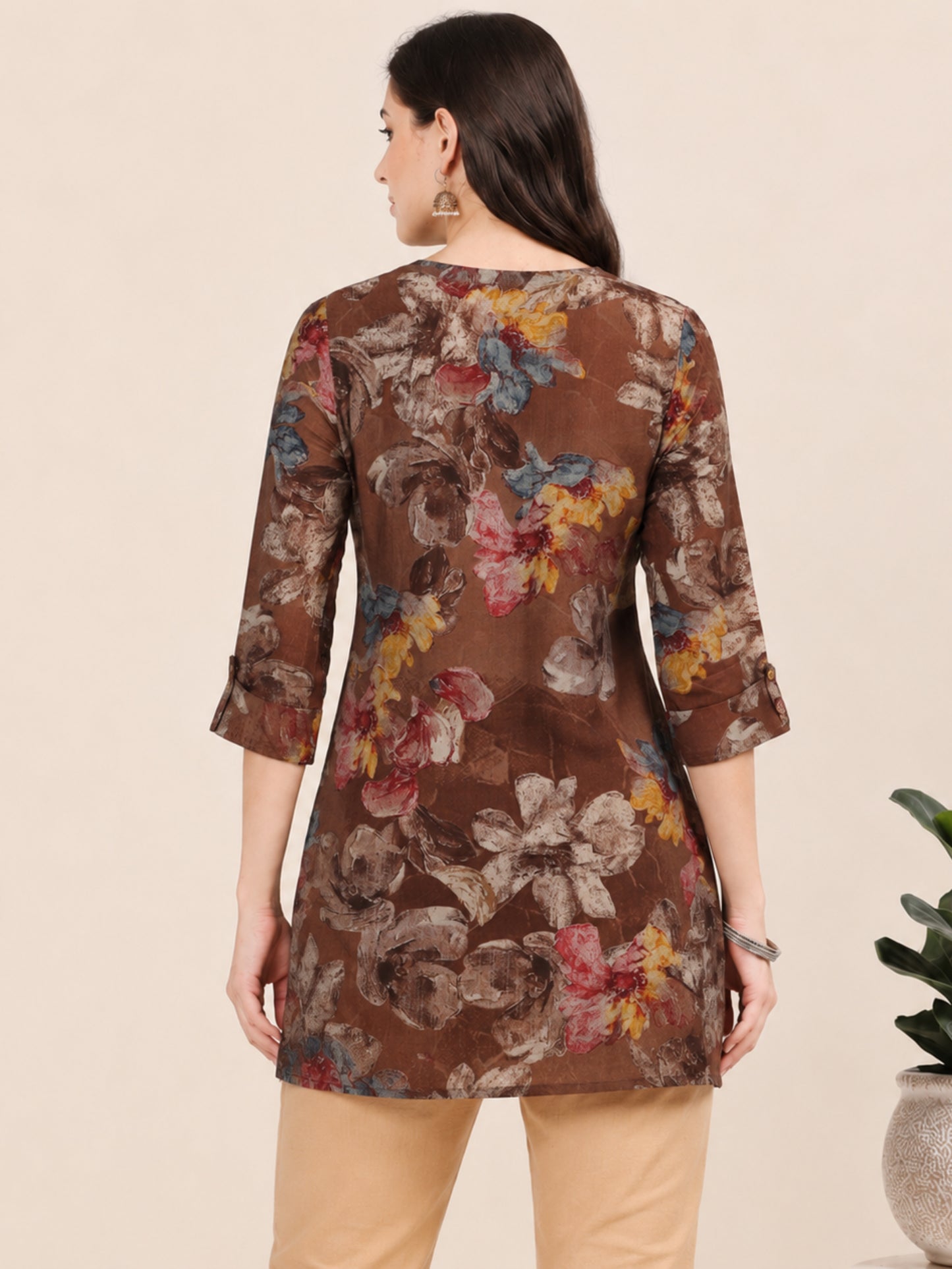 Mocha Bloom – Floral Printed Short Brown Cotton Kurti (1NH-1-A1)