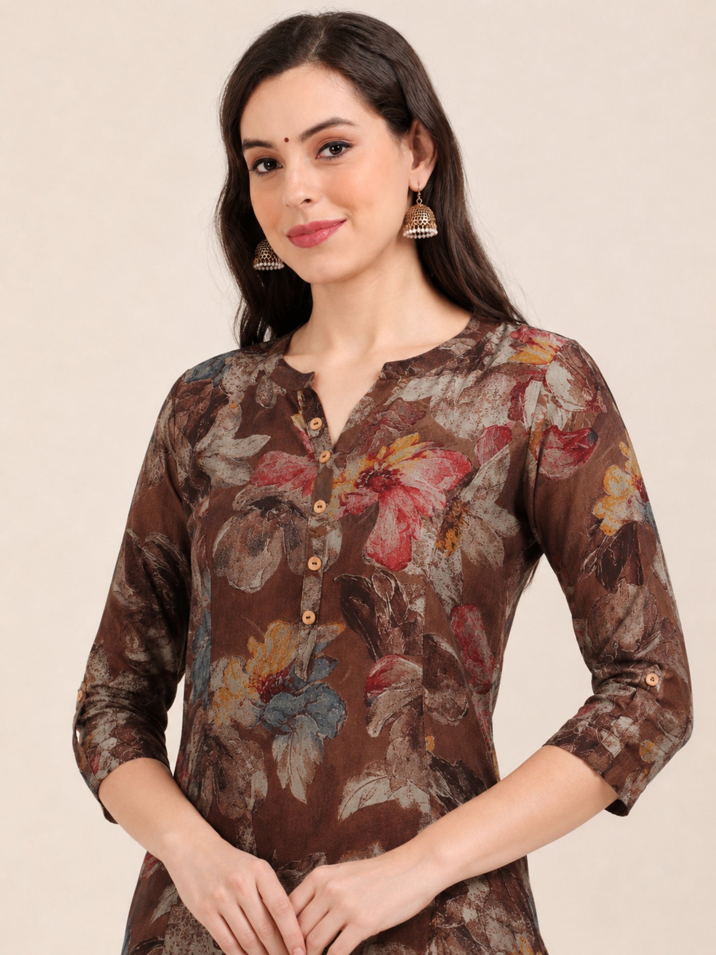 Mocha Bloom – Floral Printed Short Brown Cotton Kurti (1NH-1-A1)