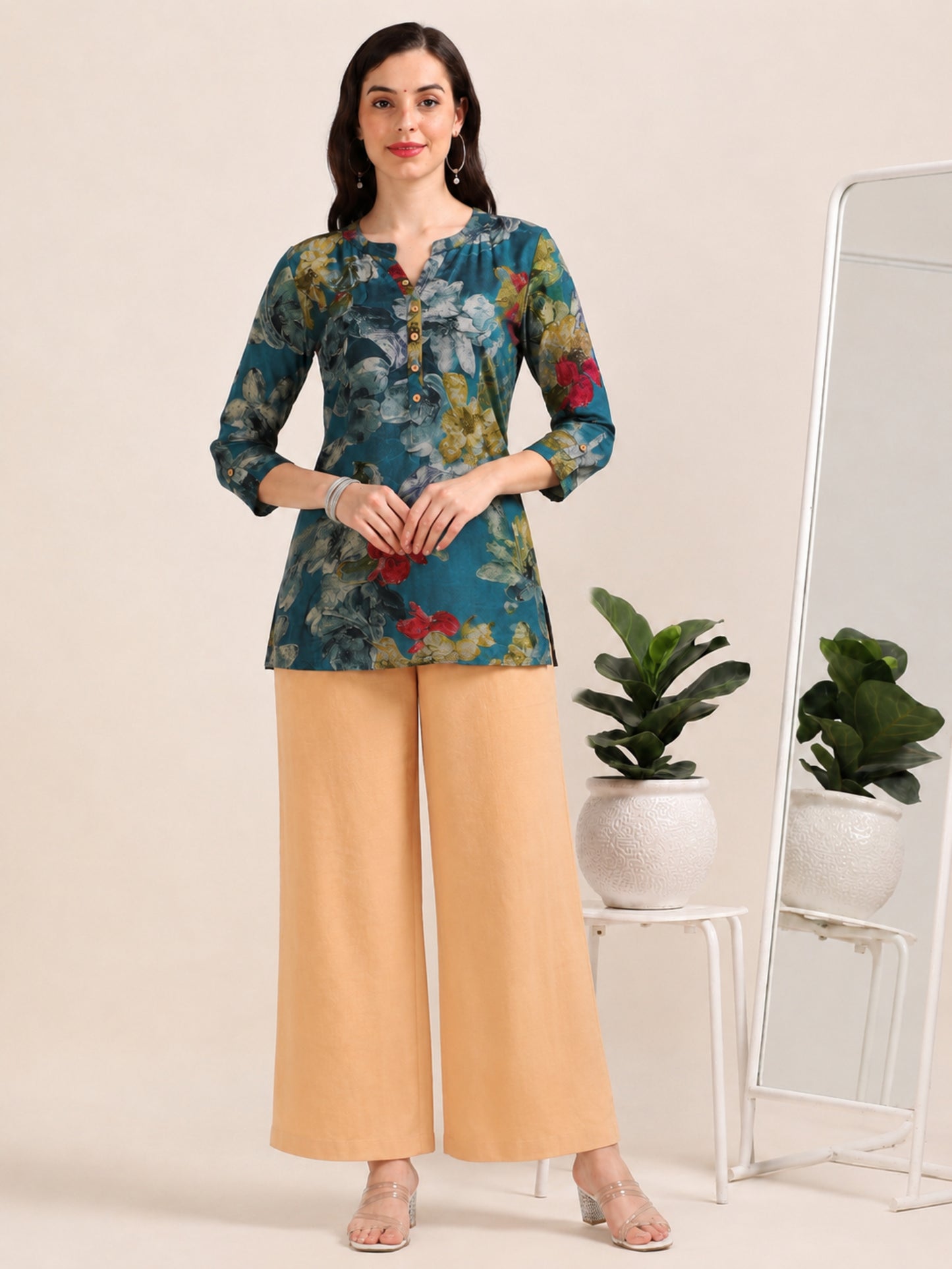 Sky Bloom – Floral Printed Short Blue Cotton Kurti (1NH-6-A2)
