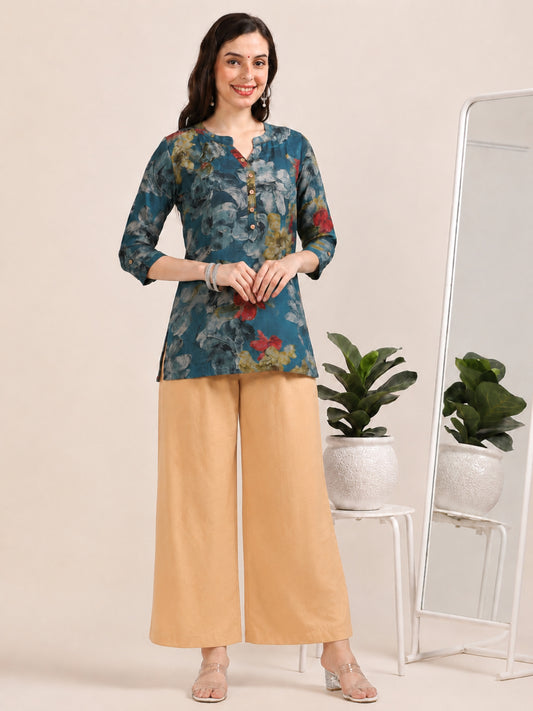 Sky Bloom – Floral Printed Short Blue Cotton Kurti (1NH-6-A2)