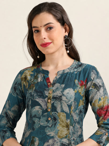 Sky Bloom – Floral Printed Short Blue Cotton Kurti (1NH-6-A2)