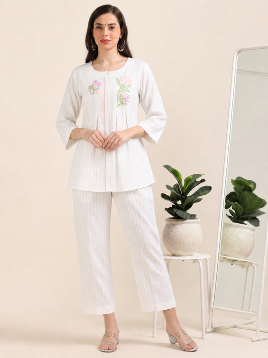 Power Pause – Off-White Embroidered Shirt-Style Co-ord (1KB-9-B1)