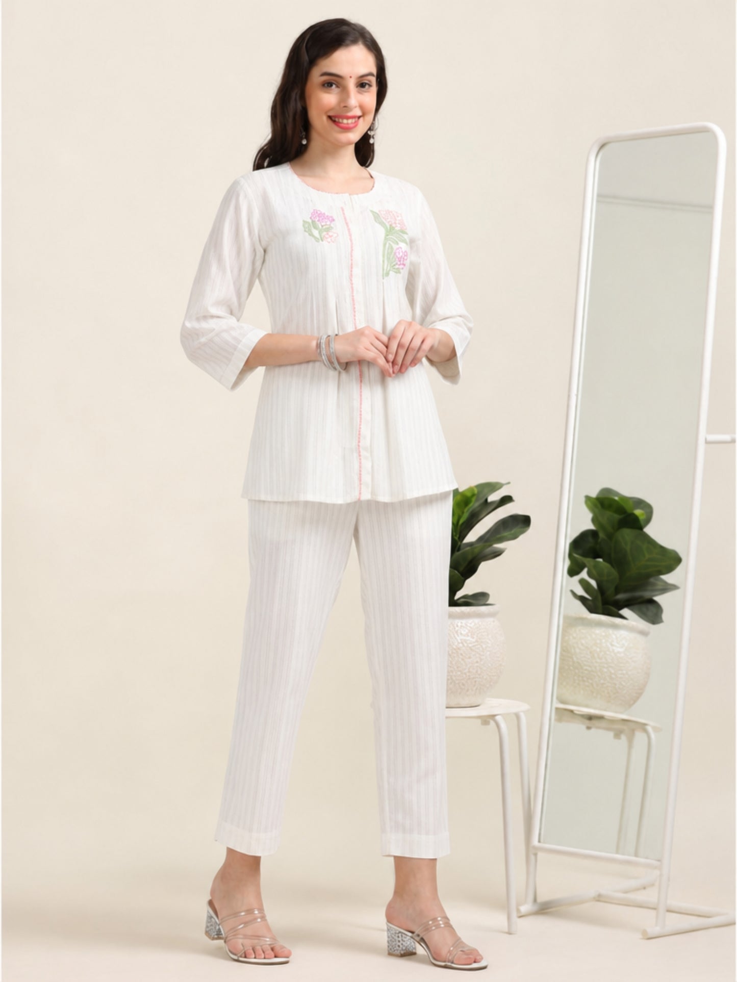Power Pause – Off-White Embroidered Shirt-Style Co-ord (1KB-9-B1)