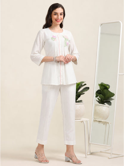 Power Pause – Off-White Embroidered Shirt-Style Co-ord (1KB-9-B1)