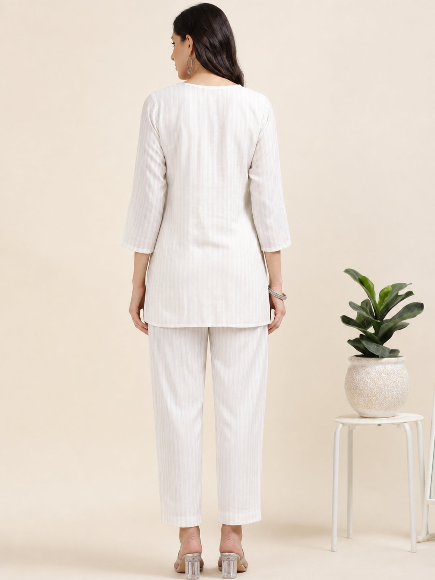 Power Pause – Off-White Embroidered Shirt-Style Co-ord (1KB-9-B1)