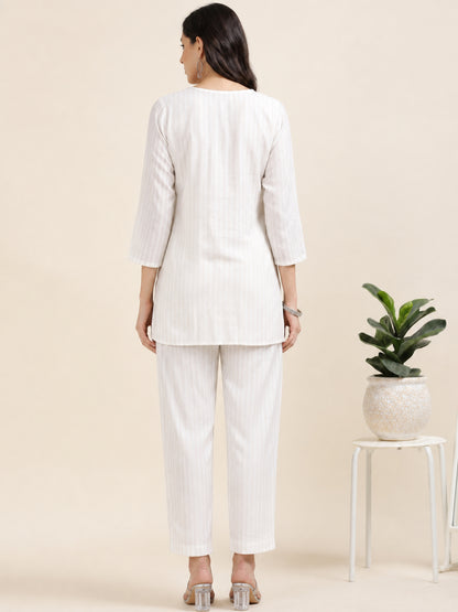 Power Pause – Off-White Embroidered Shirt-Style Co-ord (1KB-9-B1)