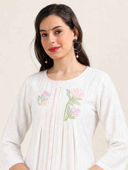 Power Pause – Off-White Embroidered Shirt-Style Co-ord (1KB-9-B1)